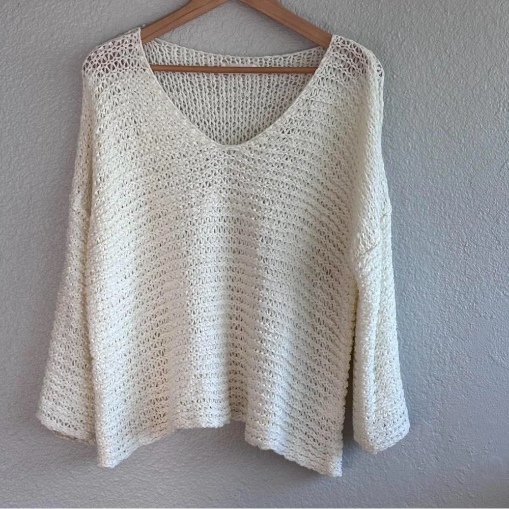 Relaxed Cream Open-Knit V-Neck Boho Sweater OS - Picture 6 of 7